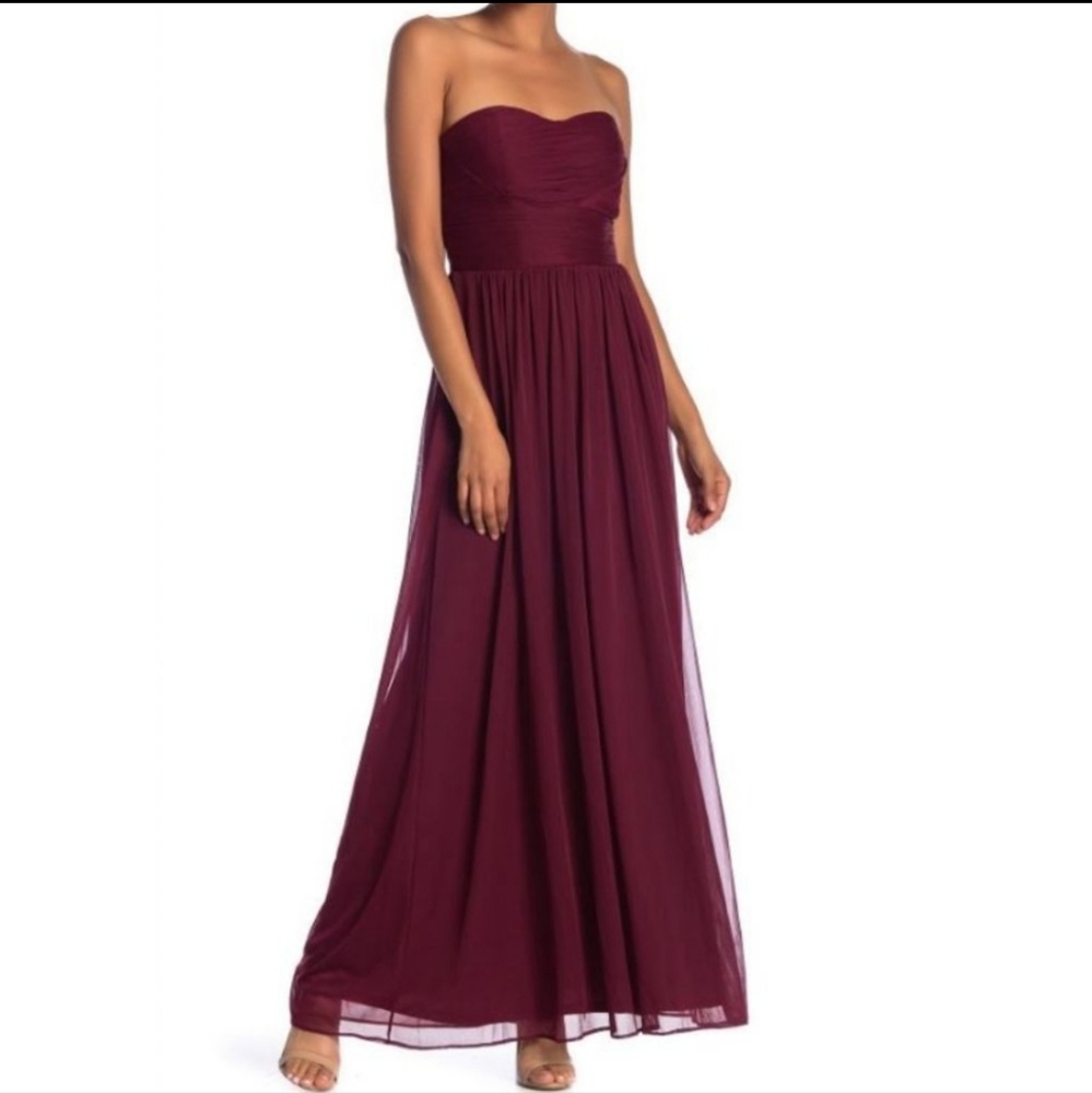 Marina long strapless rouched dress, burgundy